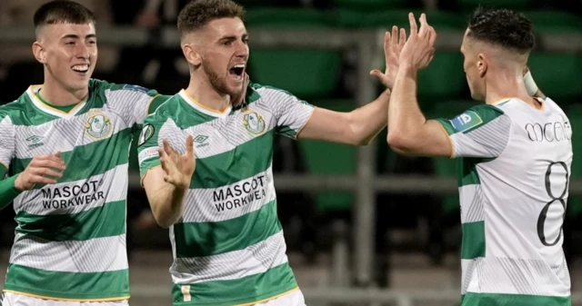 Description Shamrock Rovers' Dylan Watts (centre) celebrates scoring their side's second goal of the game