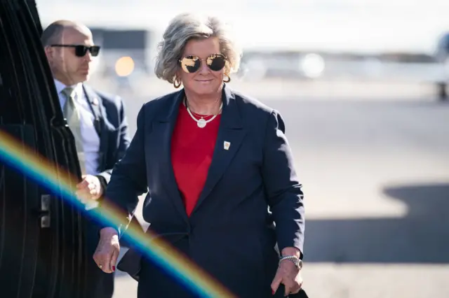 Susie Wiles and Former President Donald Trump disembark his plane known as Trump Force One at Manchester-Boston Regional Airport on Monday, Oct. 23, 2023