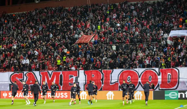 ATHENS, GREECE - NOVEMBER 07: The Rangers squad warm up in front of the Olympiacos fans during a UEFA Europa League 2024/25 League Phase MD4 match between Olympiacos and Rangers at The Georgios Karaiskakis Stadium, on November 07, 2024, in Athens, Greece. (Photo by Alan Harvey / SNS Group)