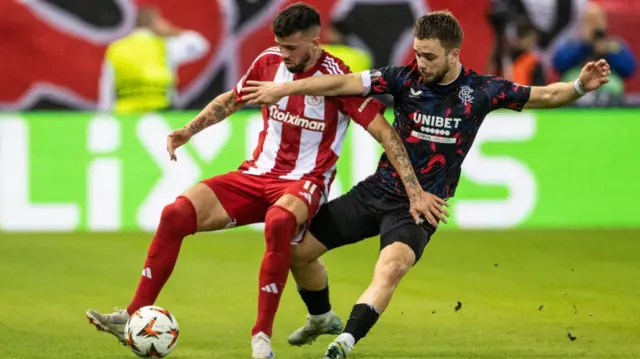 ATHENS, GREECE - NOVEMBER 07: Olympiacos' Kristoffer Velde and Rangers' Nicolas Raskin in action during a UEFA Europa League 2024/25 League Phase MD4 match between Olympiacos and Rangers at The Georgios Karaiskakis Stadium, on November 07, 2024, in Athens, Greece. (Photo by Alan Harvey / SNS Group)