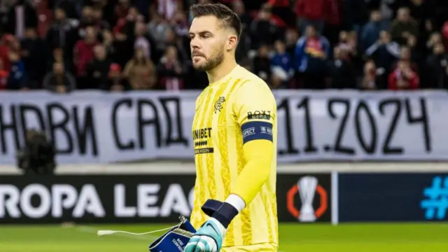 ATHENS, GREECE - NOVEMBER 07: Rangers' Jack Butland takes on the role as captain during a UEFA Europa League 2024/25 League Phase MD4 match between Olympiacos and Rangers at The Georgios Karaiskakis Stadium, on November 07, 2024, in Athens, Greece. (Photo by Alan Harvey / SNS Group)