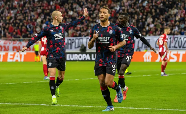 ATHENS, GREECE - NOVEMBER 07: Rangers' Cyriel Dessers celebrates with Vaclav Cerny and Mohamed Diomande as he scores to make it 1-1 during a UEFA Europa League 2024/25 League Phase MD4 match between Olympiacos and Rangers at The Georgios Karaiskakis Stadium, on November 07, 2024, in Athens, Greece. (Photo by Alan Harvey / SNS Group)