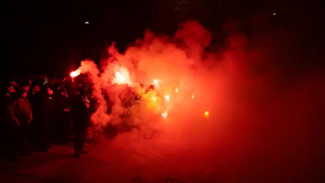 Hearts fans with pyro in Gorgie