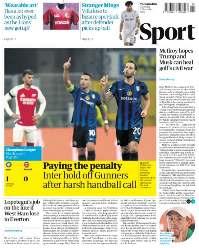 Lead sport page of the Guardian on 7 November 2024