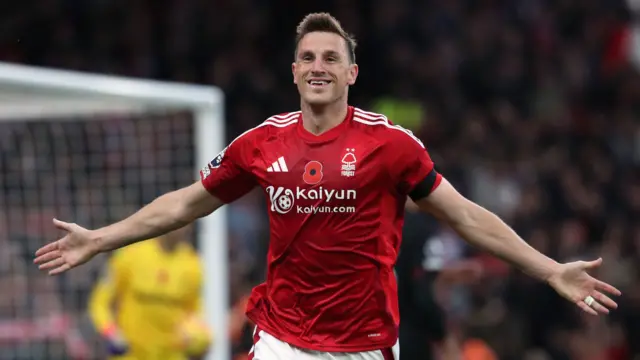 Chris Wood celebrates scoring for Nottingham Forest against West Ham