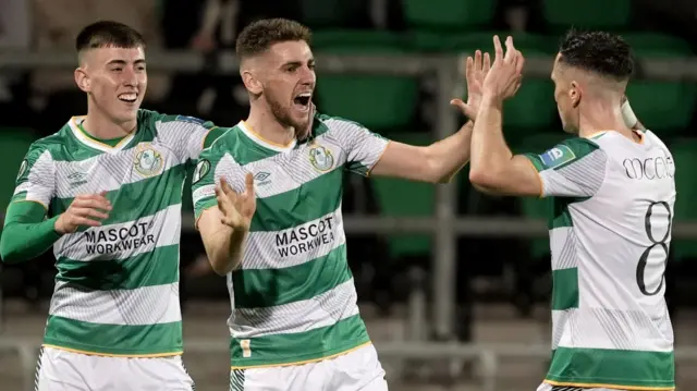 Dylan Watts celebrates after scoring for Shamrock Rovers against The New Saints