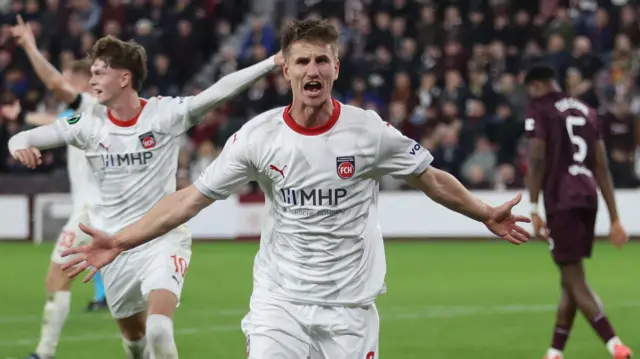 Jan Schoppner celebrates scoring for FC Heidenheim against Hearts