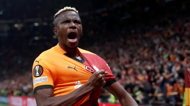 Victor Osimhen celebrates after scoring for Galatasaray against Tottenham