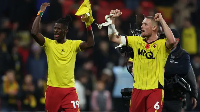 Vakoun Bayo and Mattie Pollock celebrate the win over Oxford