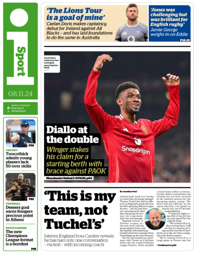 Back page of the i on 8 November 2024