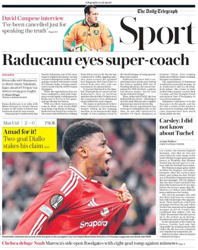 Lead sport page of the Daily Telegraph on 8 November 2024