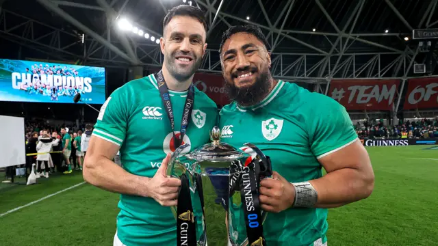 Conor Murray and Bundee Aki celebrate winning the Six Nations