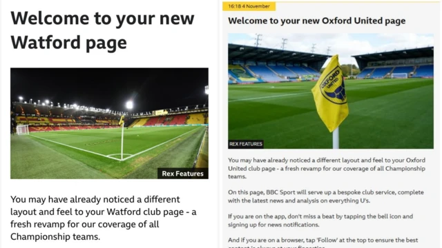 The Watford and Oxford BBC Sport club pages