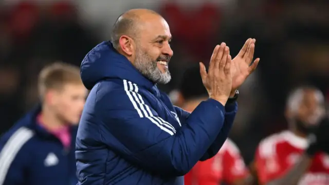 Nuno Espirito Santo, the head coach of Nottingham Forest, is celebrating