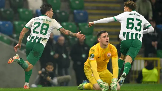 Hugo Vandermersch celebrates with St Gallen team-mate Corsin Konietzke after scoring against Larne