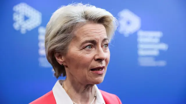 European Commission President Ursula von der Leyen staring at the right side of the screen