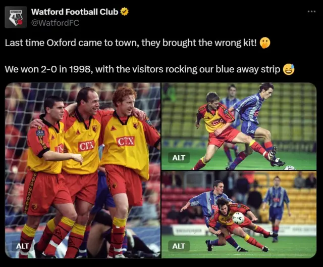 Oxford United wearing Watford's kit