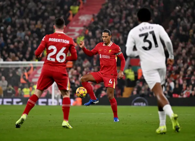 Virgil van Dijk controls the ball v Aston Villa