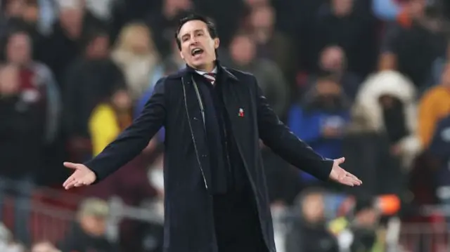 Aston Villa manager Unai Emery asks for a penalty following a VAR check