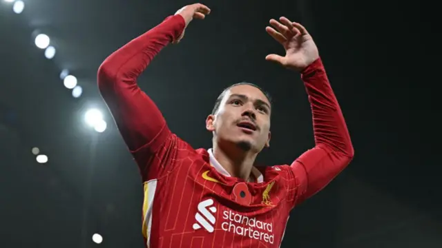 Darwin Nunez celebrates after scoring against Aston Villa