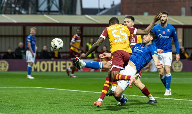 Motherwell's Tawanda Maswanhise scores to make it 1-0 during a William Hill Premiership match between Motherwell and St Johnstone at Fir Park,