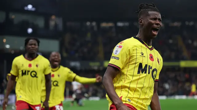 Vakoun Bayo celebrates scoring for Watford