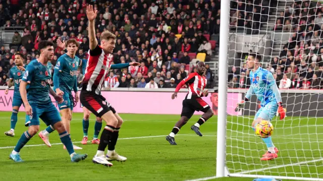 Yoane Wissa scores against Brentford