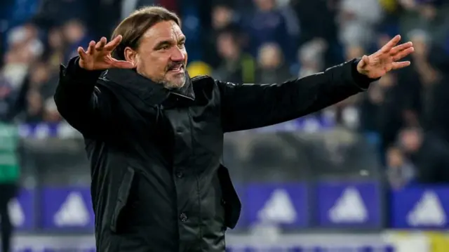 Leeds United manager Daniel Farke celebrates beating QPR 2-0 at Elland Road