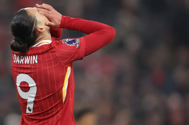 Darwin Nunez looks up to the heavens after missing chance against Aston Villa.