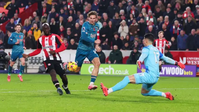 Yoane Wissa scores his second goal of the game against Bournemouth.