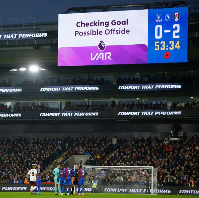 Emile Smith Rowe's second goal is checked for offside against Crystal Palace.