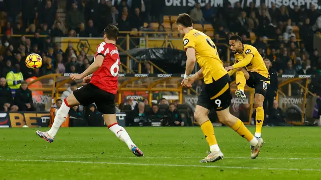 Matheus Cunha scores for Wolves against Southampton.