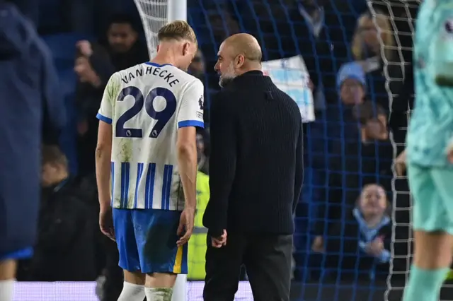 Guardiola and Van Hecke in a heated exchange at full time