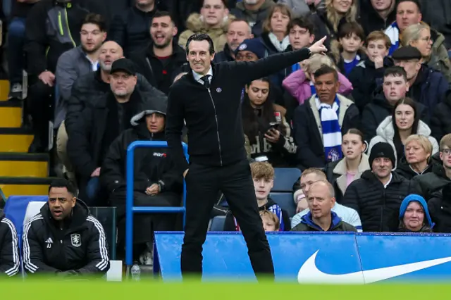 Head Coach Unai Emery of Aston Villa looks on