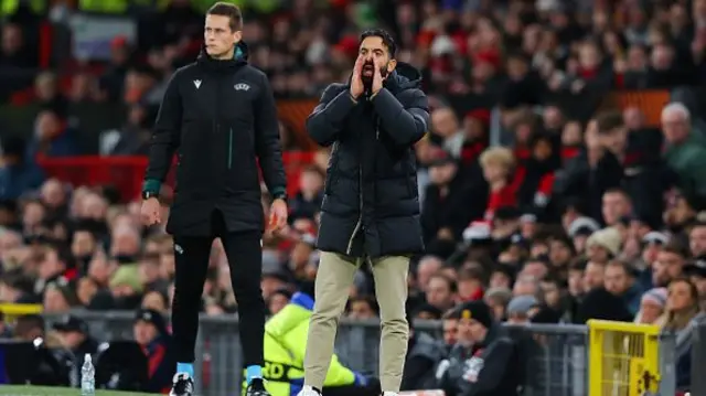 Ruben Amorim, head coach of Manchester United, issues instructions.