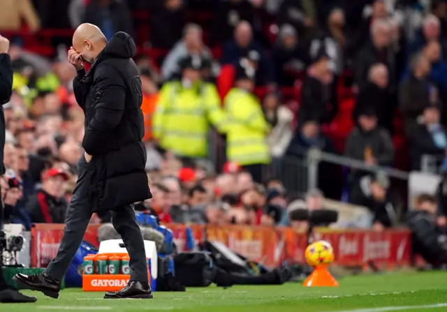 Manchester City manager Pep Guardiola during the Premier League match at Anfield.