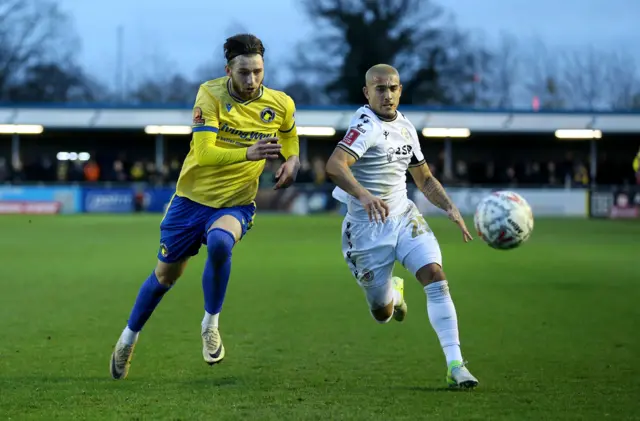 Solihull Moors' James Gale battles for the ball against Bromley's Danny Imray