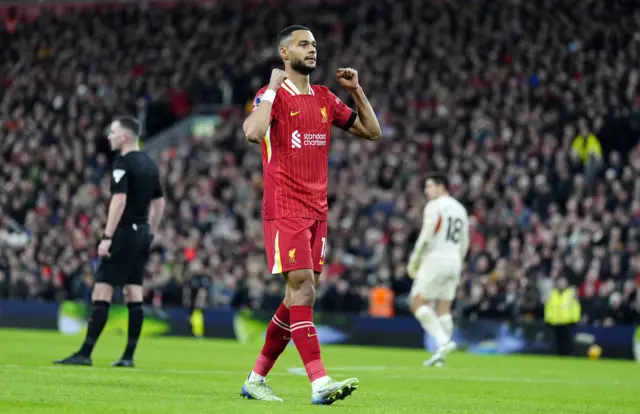 Liverpool's Cody Gakpo celebrates scoring their side's first goal.