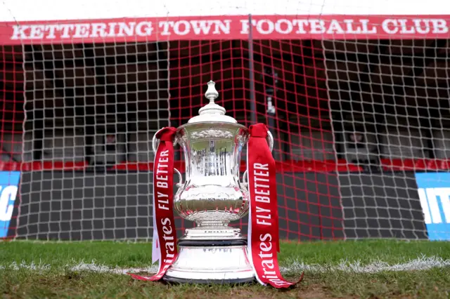 The FA Cup on display at Kettering Town's Latimer Park