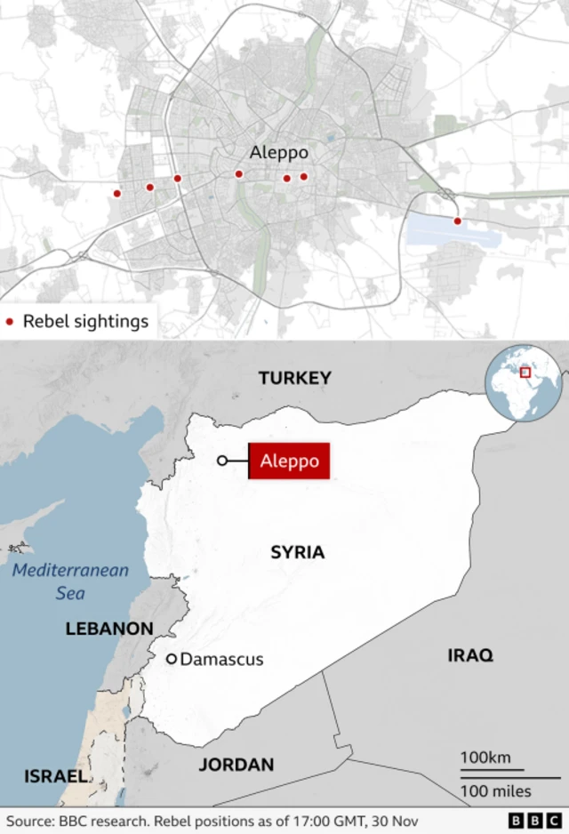 A map of Aleppo with red dots indicating points that rebels have been seen. Below is a map of Syria with Aleppo marked out as well as the bordering countries