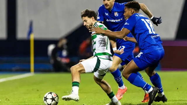 Celtic winger Nicolas Kuhn holds off the Dinamo defence