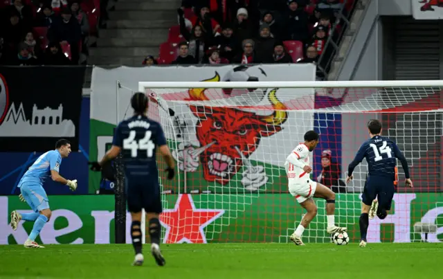 Lois Openda scores for RB Leipzig against Aston Villa