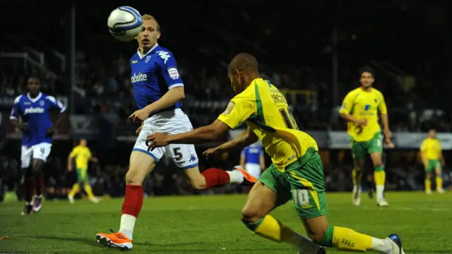 Simeon Jackson heads in the winner the last time Norwich faced Portsmouth