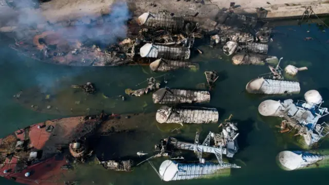 An aerial photo shows Syrian naval ships destroyed during an overnight Israeli attack on Latakia on 10 December