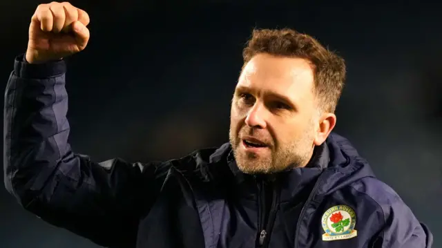 Blackburn boss John Eustace celebrates at full-time