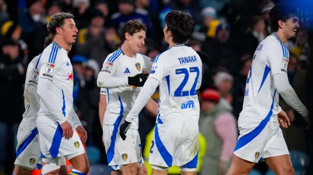 Leeds goalscorer Brenden Aaronson celebrates