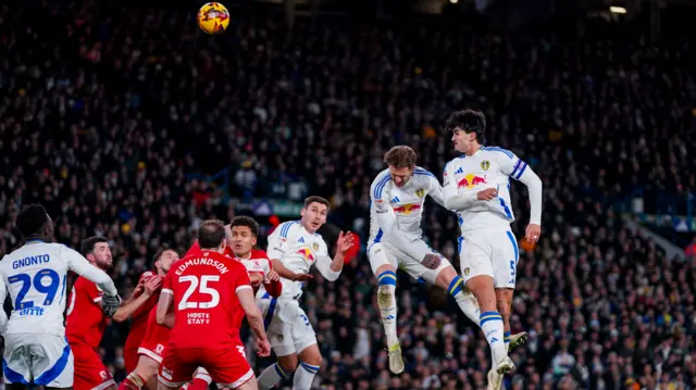 Leeds United defender Pascal Struijk sends a header towards goal