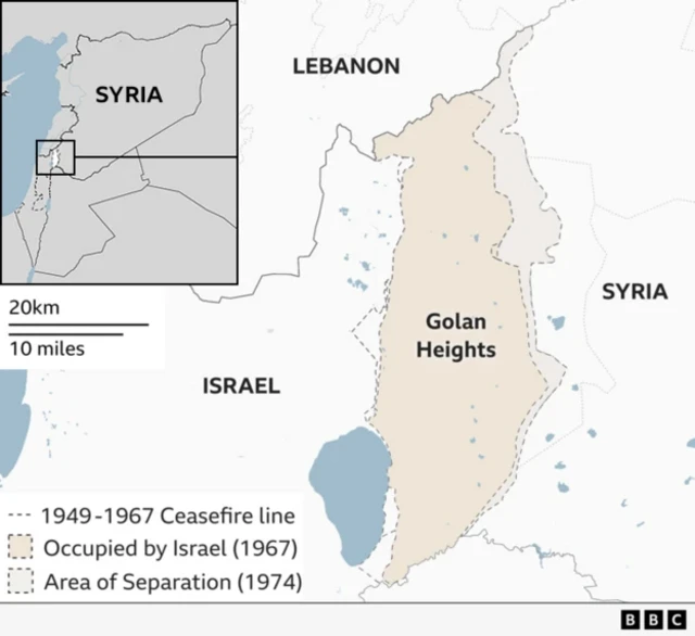 A map showing where the Golan Heights is in relation to Syria (to the east) and Israel (to the west)