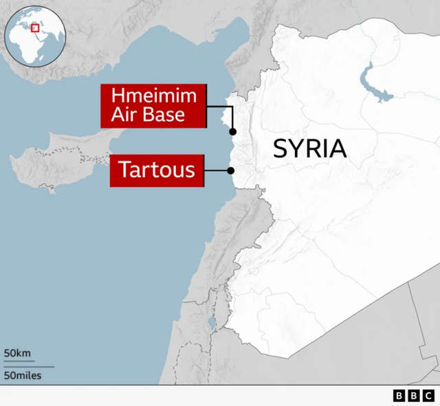 A map showing Russian military bases in Syria