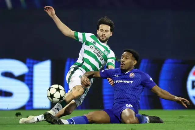 Dinamo Zagreb's French defender Ronael Pierre-Gabriel tackles Celtic's German forward Nicolas Kuhn